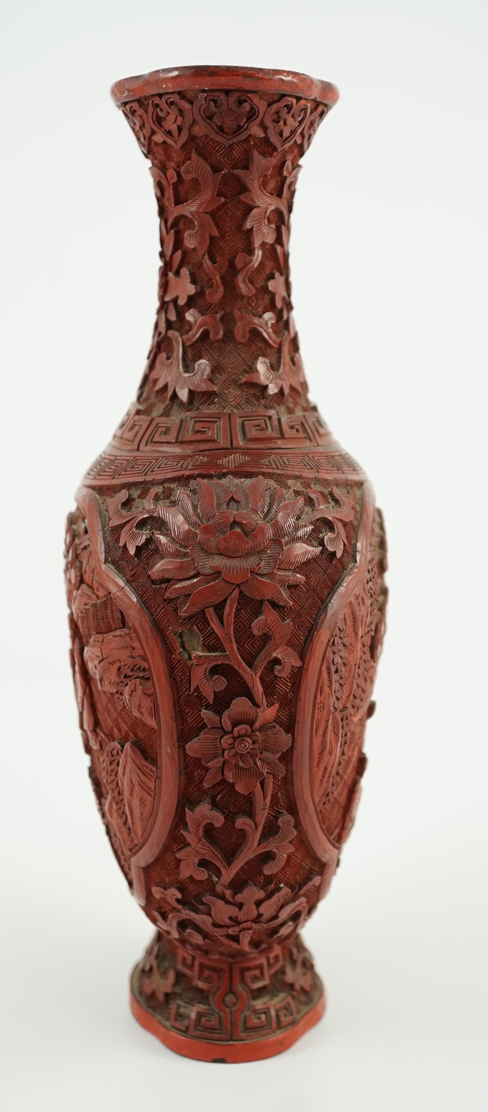 A Chinese cinnabar lacquer flattened baluster vase, 18th/19th century, 25cm high